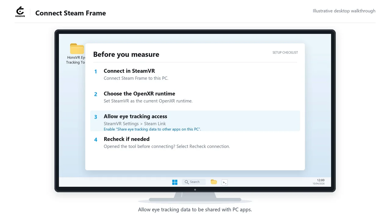 SteamVR setup checklist for the HONSVR eye tracking test for Steam Frame
